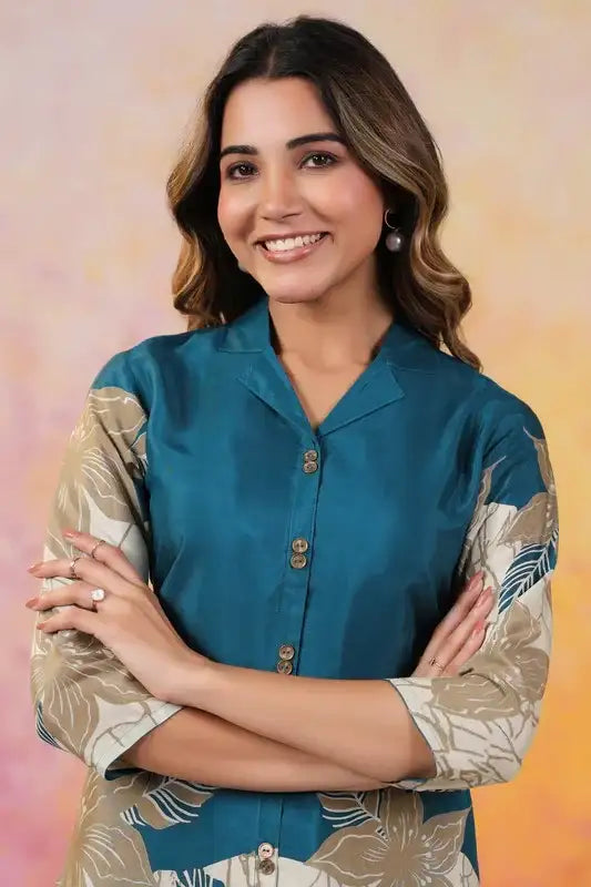 Teal Beige Blossom Russian Silk Co-ord Set