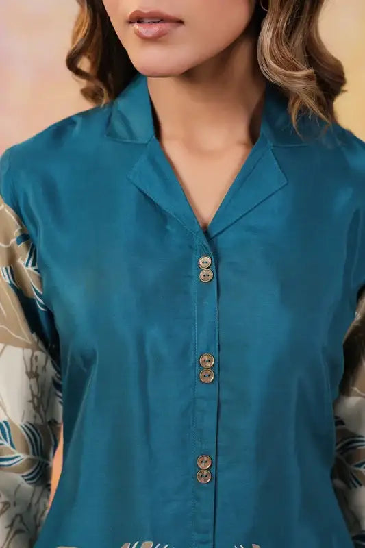 Teal Beige Blossom Russian Silk Co-ord Set