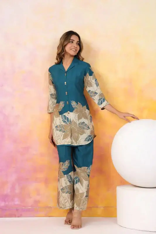 Teal Beige Blossom Russian Silk Co-ord Set