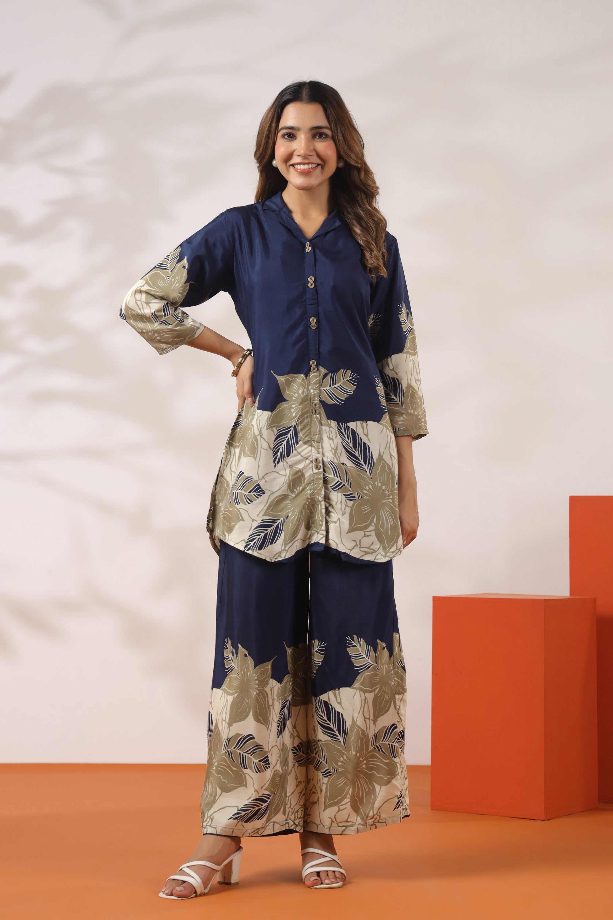 Blue Floral Printed Russian Silk Co-ord Set