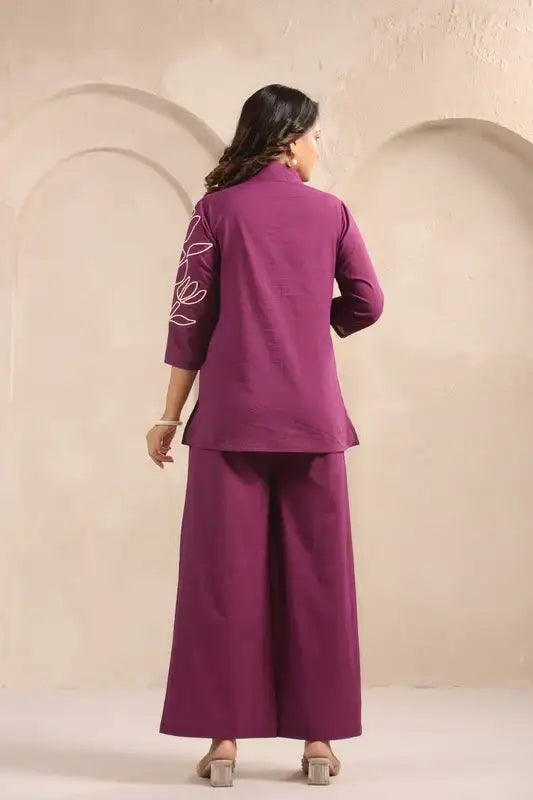 Plum Bloom Purple Embroidered Cotton Co-ord Set
