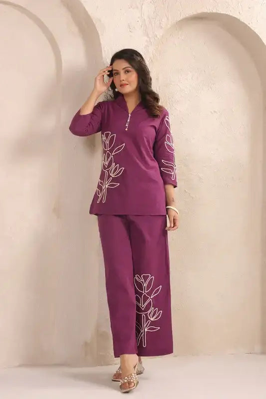 Plum Bloom Purple Embroidered Cotton Co-ord Set
