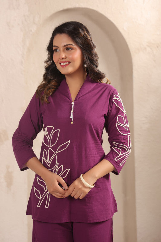Plum Bloom Purple Embroidered Cotton Co-ord Set