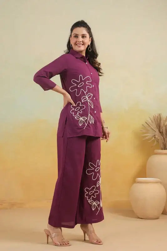 Purple Floral Embroidered Cotton Flex Co-ord Set