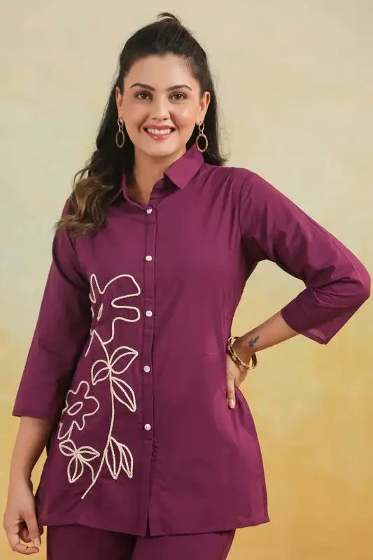 Purple Floral Embroidered Cotton Flex Co-ord Set