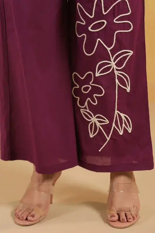 Purple Floral Embroidered Cotton Flex Co-ord Set