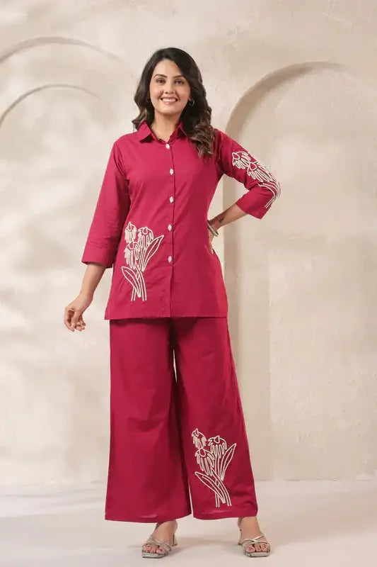 Fuchsia Floral Embroidered Cotton Co-ord Set