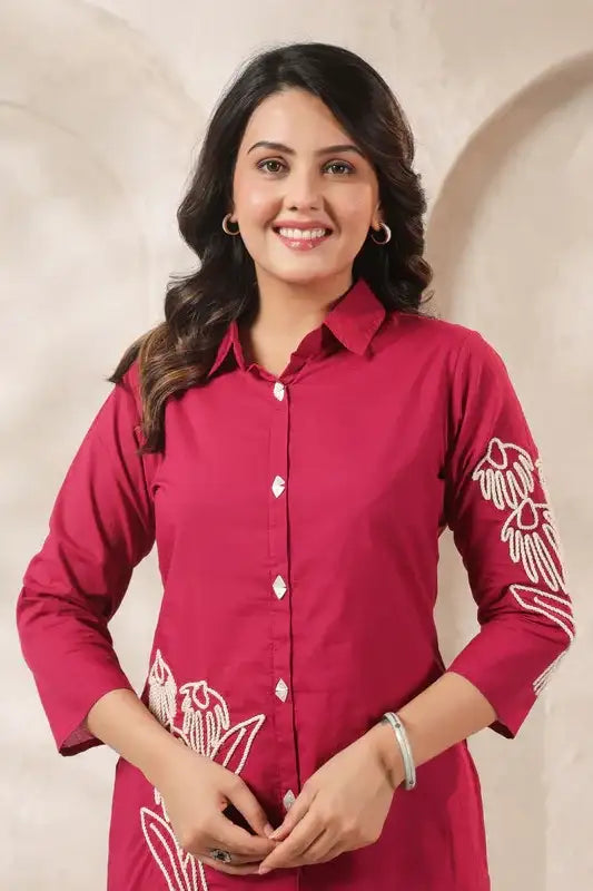 Fuchsia Floral Embroidered Cotton Co-ord Set
