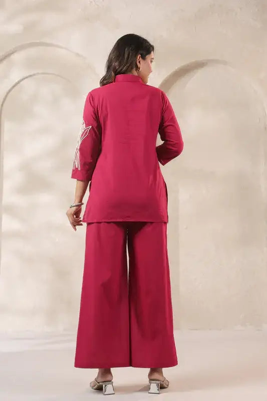 Fuchsia Floral Embroidered Cotton Co-ord Set