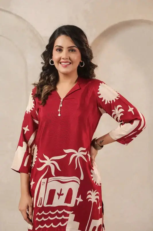 Desert Mirage Red Printed Russian Silk Co-ord Set