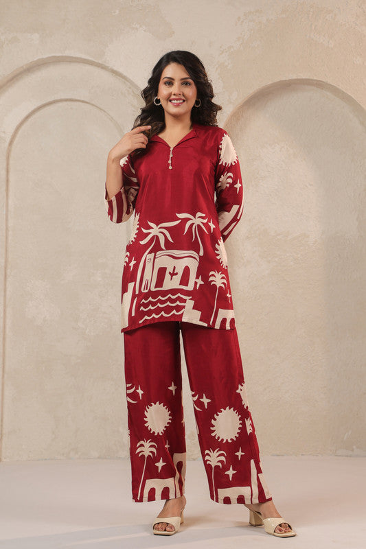 Desert Mirage Red Printed Russian Silk Co-ord Set