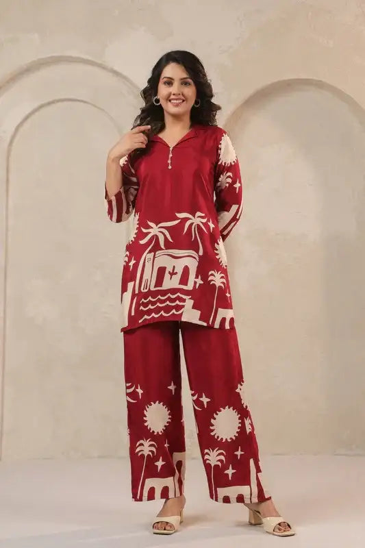 Desert Mirage Red Printed Russian Silk Co-ord Set