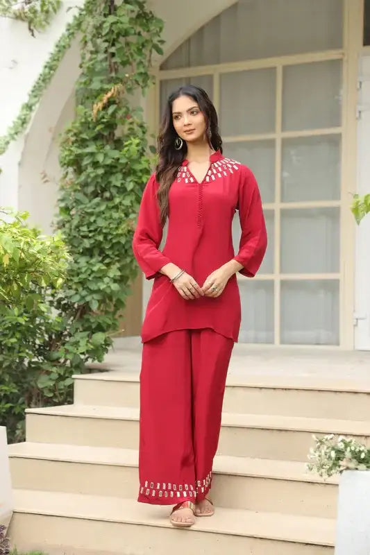 Mirror Embellished Maroon Co-ord Set