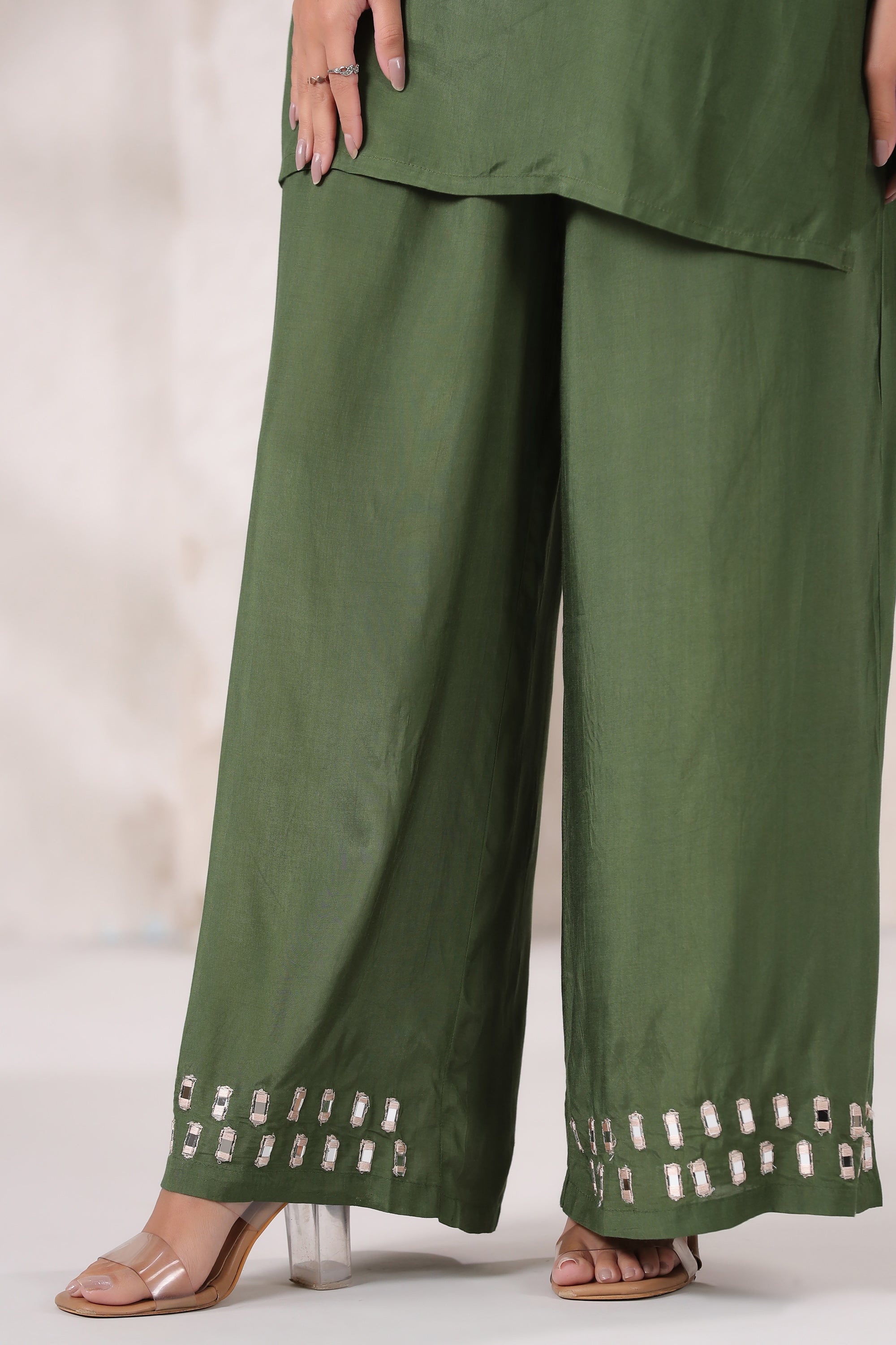 Olive Green Mirror Hand Work Muslin Silk Co-ord Set