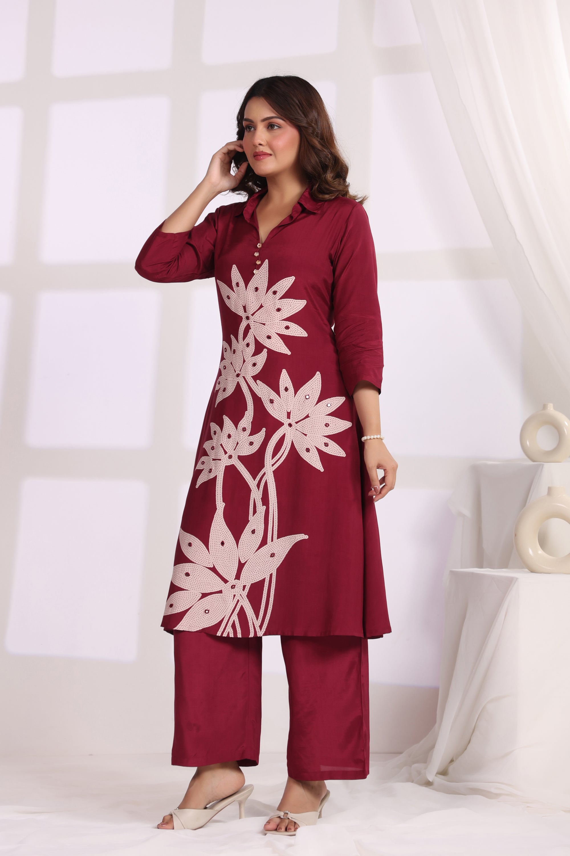 Crimson Leaf Symphony Russian Silk Co-ord Set