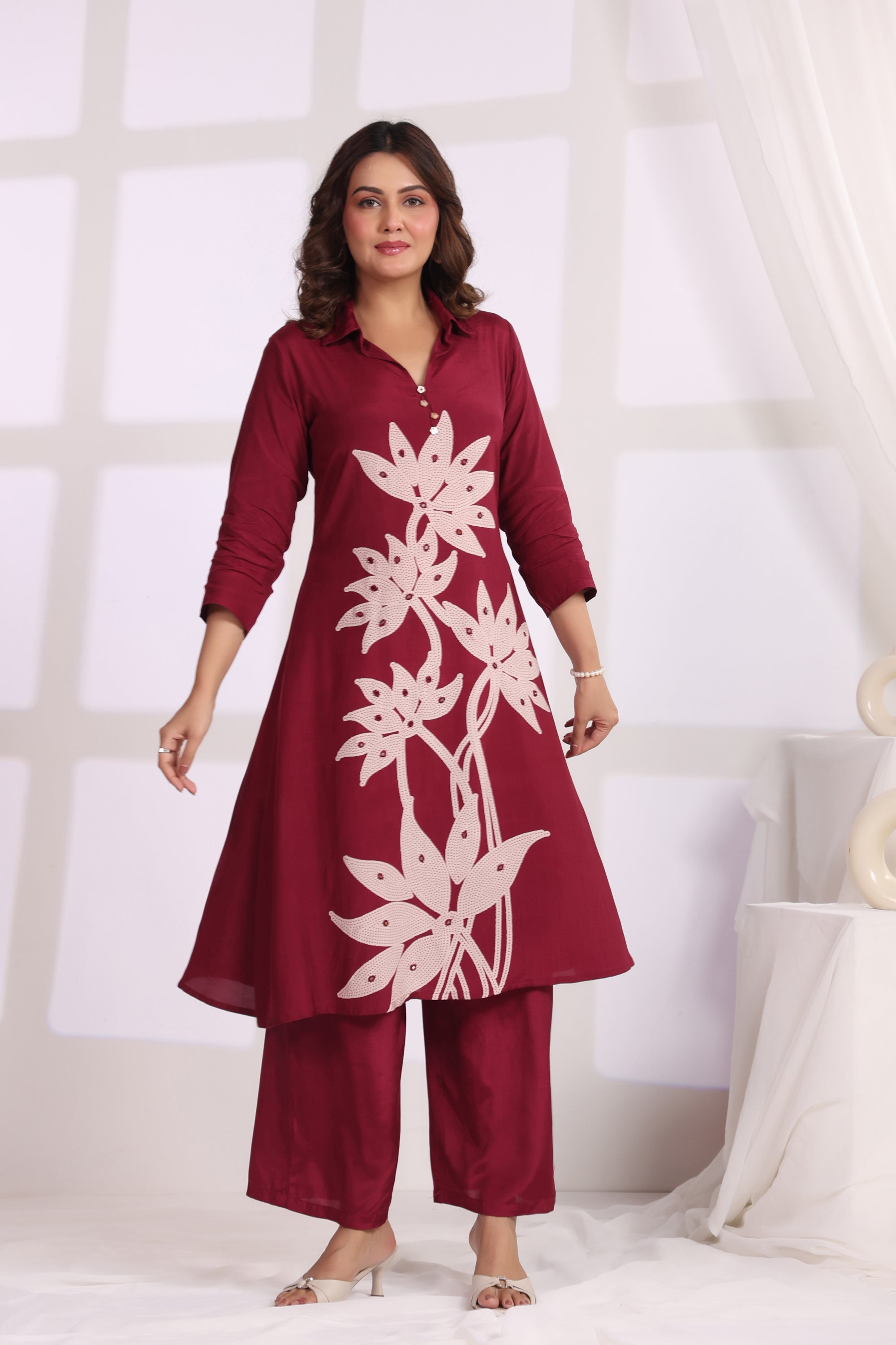 Crimson Leaf Symphony Russian Silk Co-ord Set