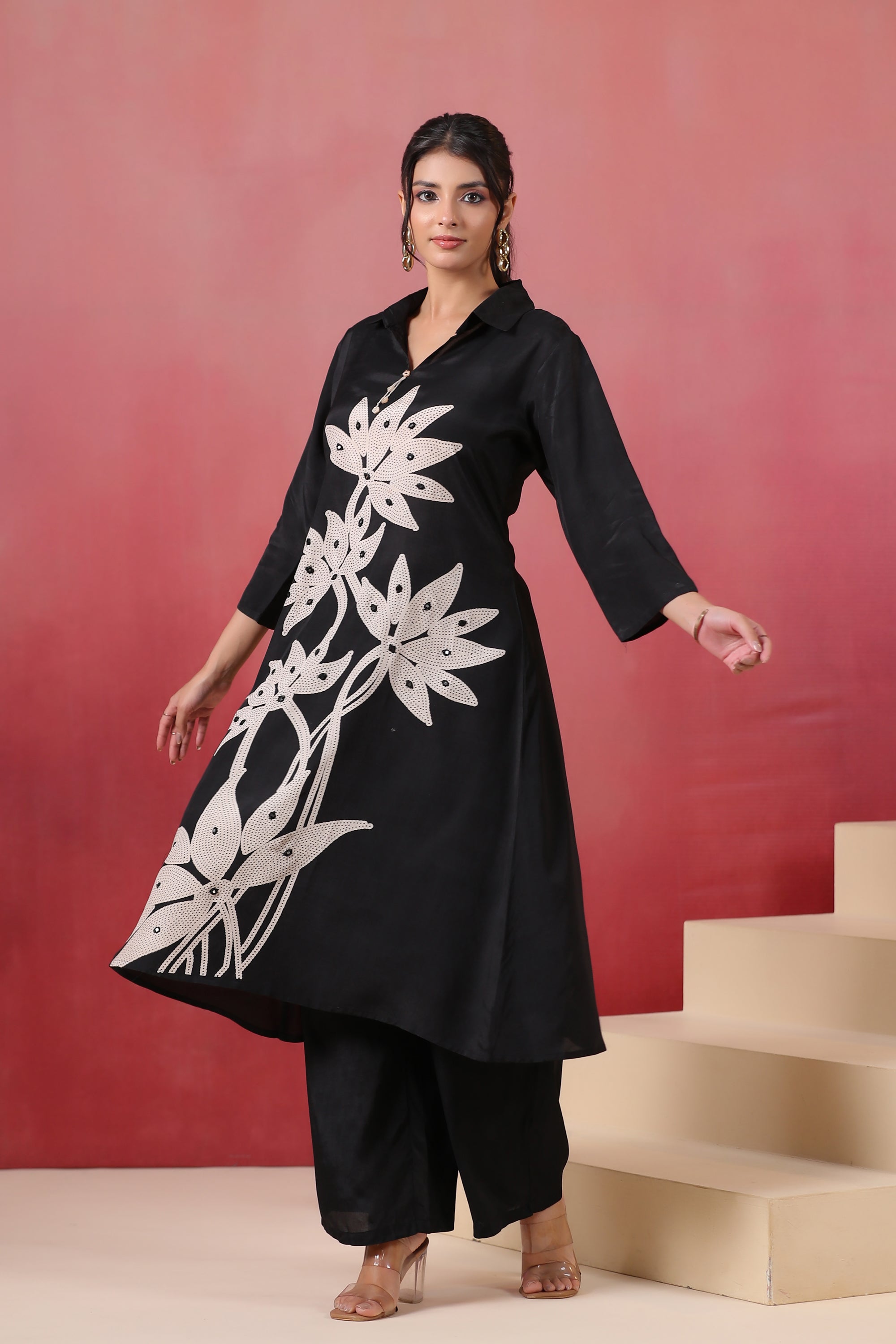 Black Hand Embroidered Russian Silk Co-ord Set