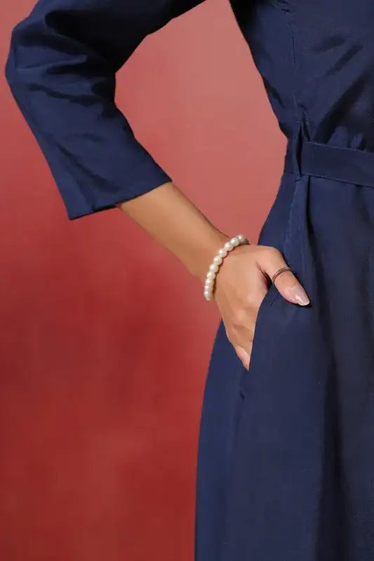 Navy Floral Midi Dress Russian Silk with Belted Waist