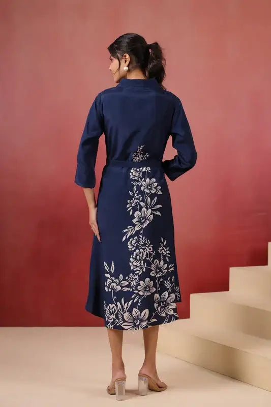 Navy Floral Russian Silk Dress