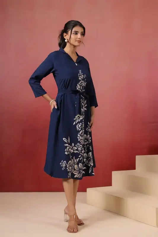Navy Floral Russian Silk Dress