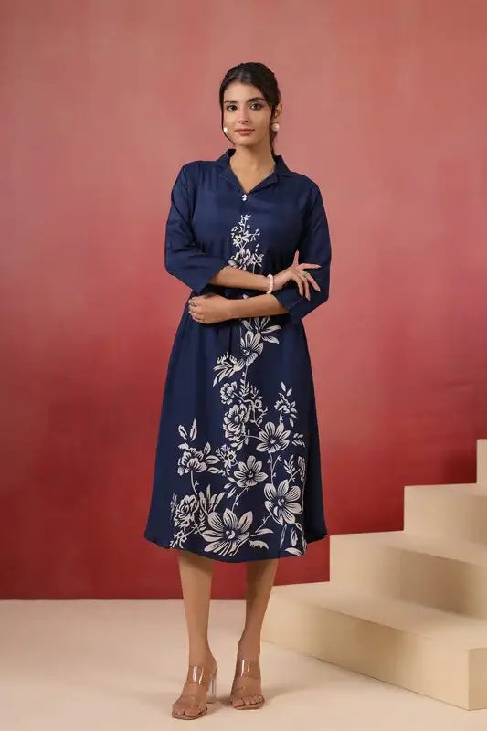 Navy Floral Russian Silk Dress