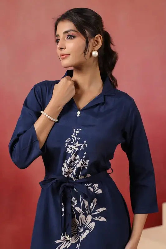 Navy Floral Russian Silk Dress