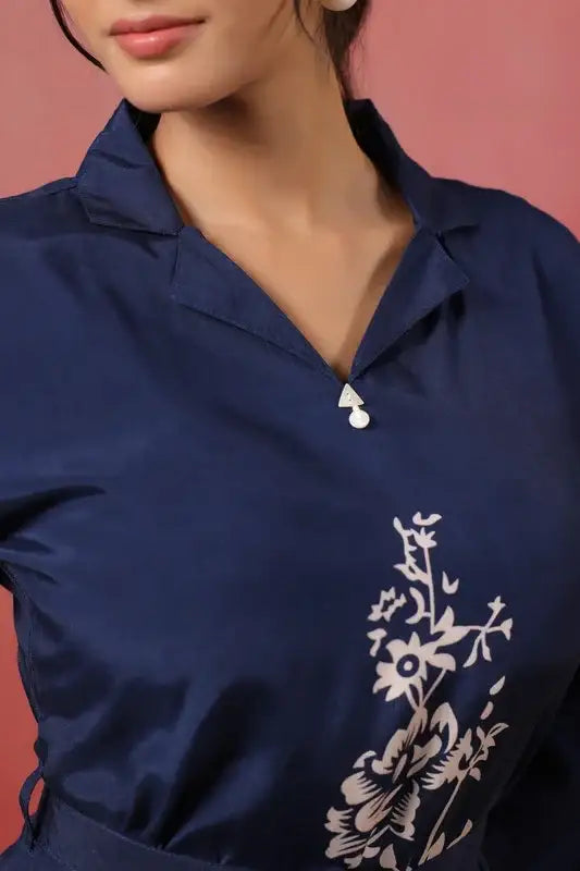 Navy Floral Midi Dress Russian Silk with Belted Waist