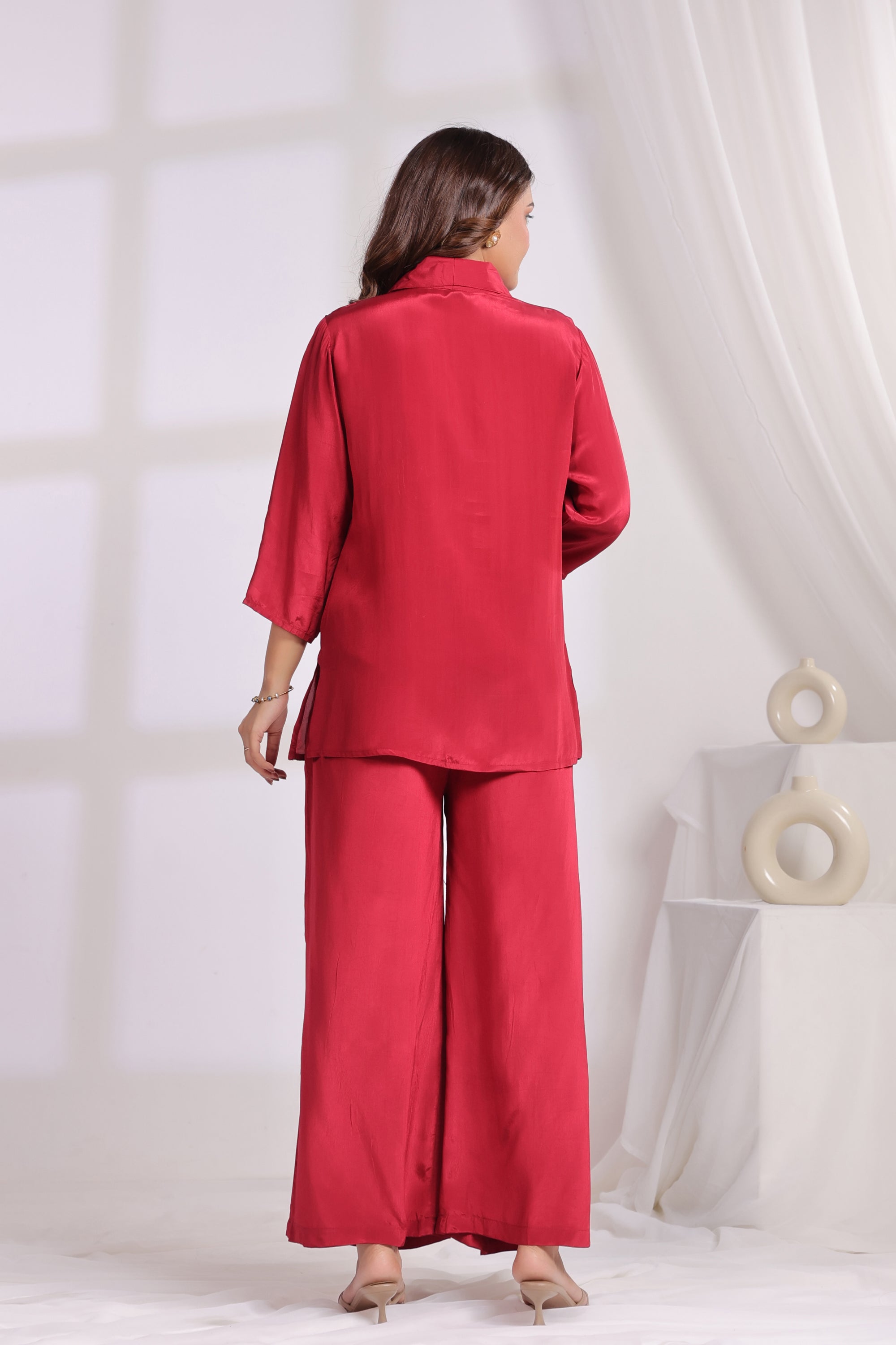 Ruby Red Tulip Embroidered Natural crepe Co-ord Set