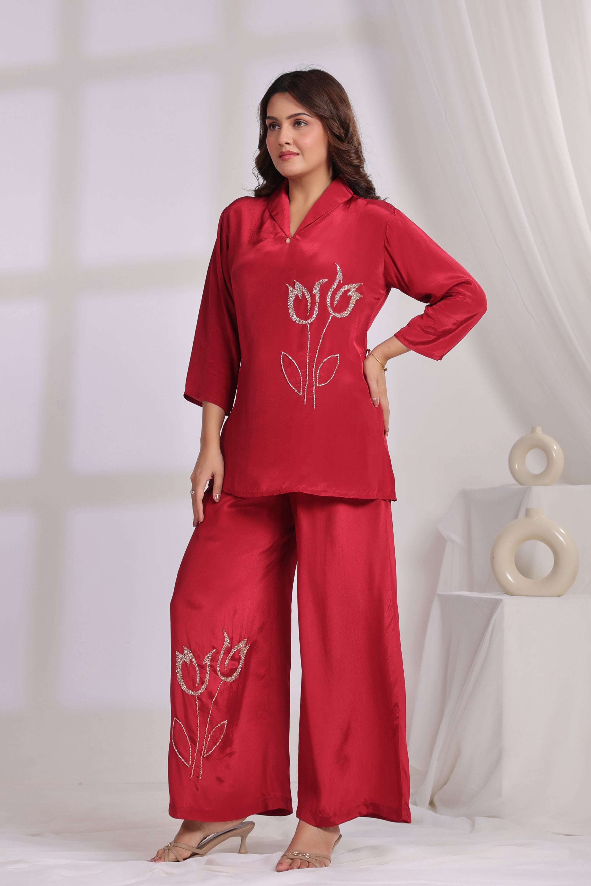 Ruby Red Tulip Embroidered Natural crepe Co-ord Set
