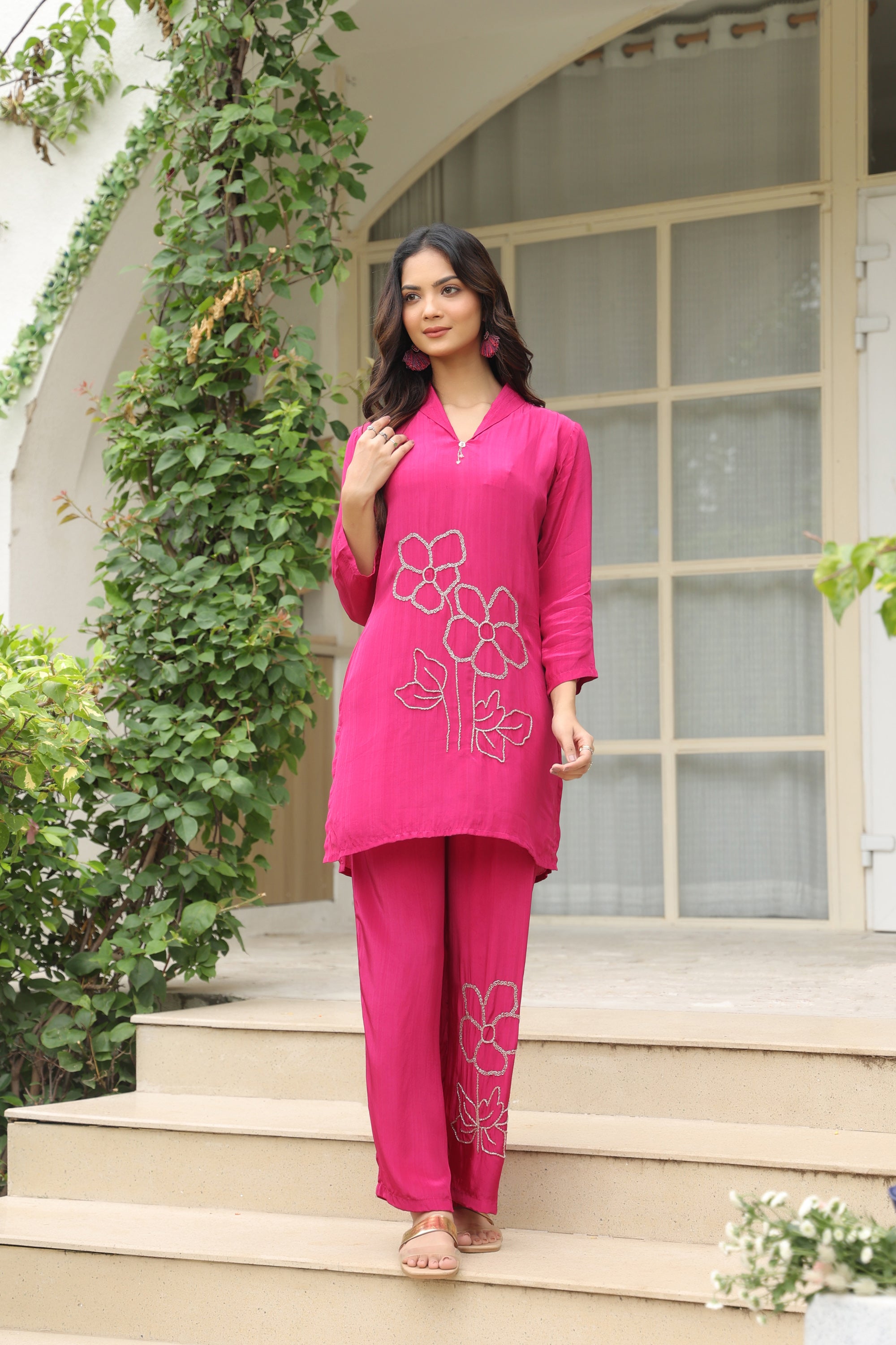 Magenta Blossom Embroidered Natural Crepe Co-ord Set