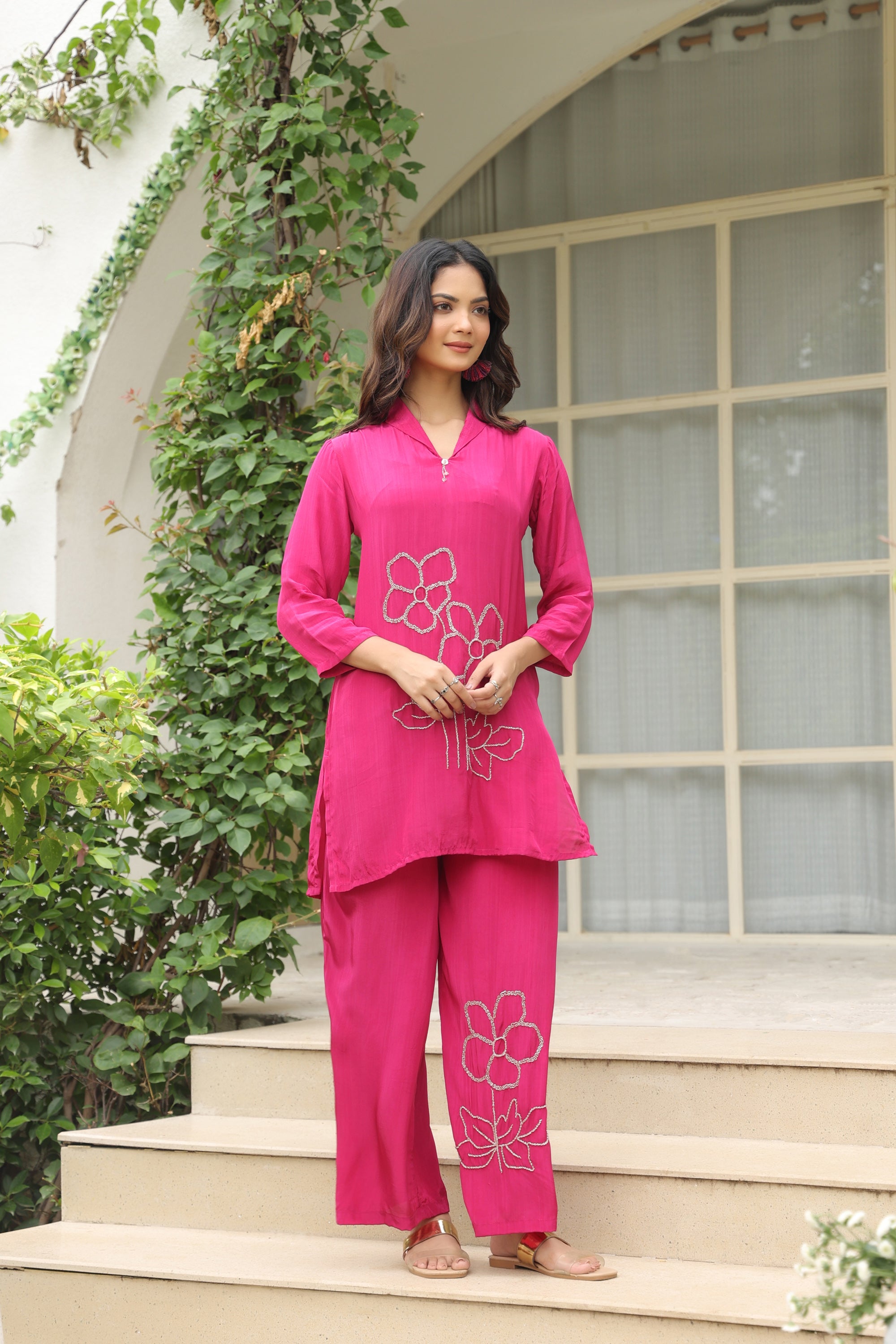 Magenta Blossom Embroidered Natural Crepe Co-ord Set