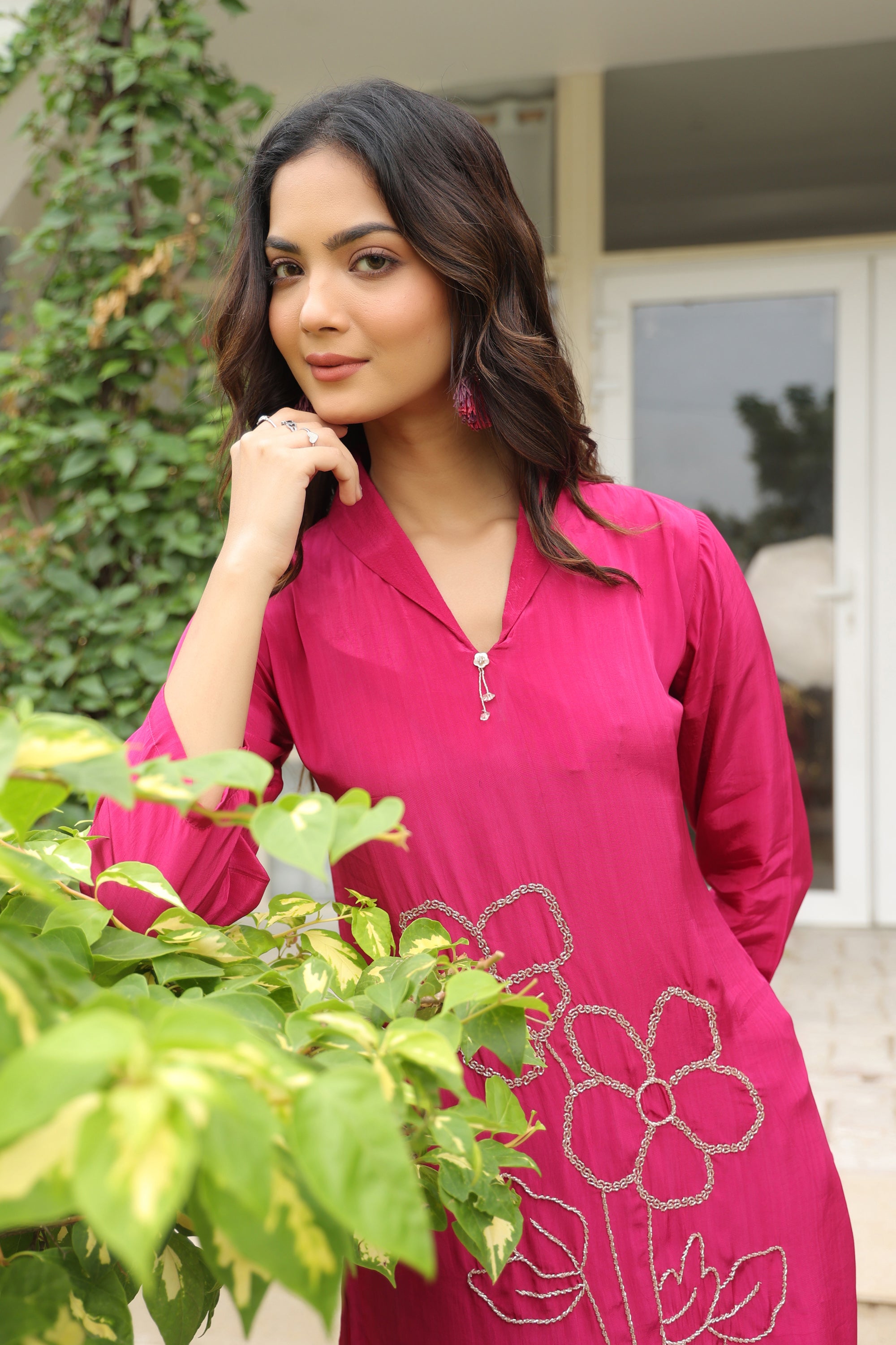 Magenta Blossom Embroidered Natural Crepe Co-ord Set