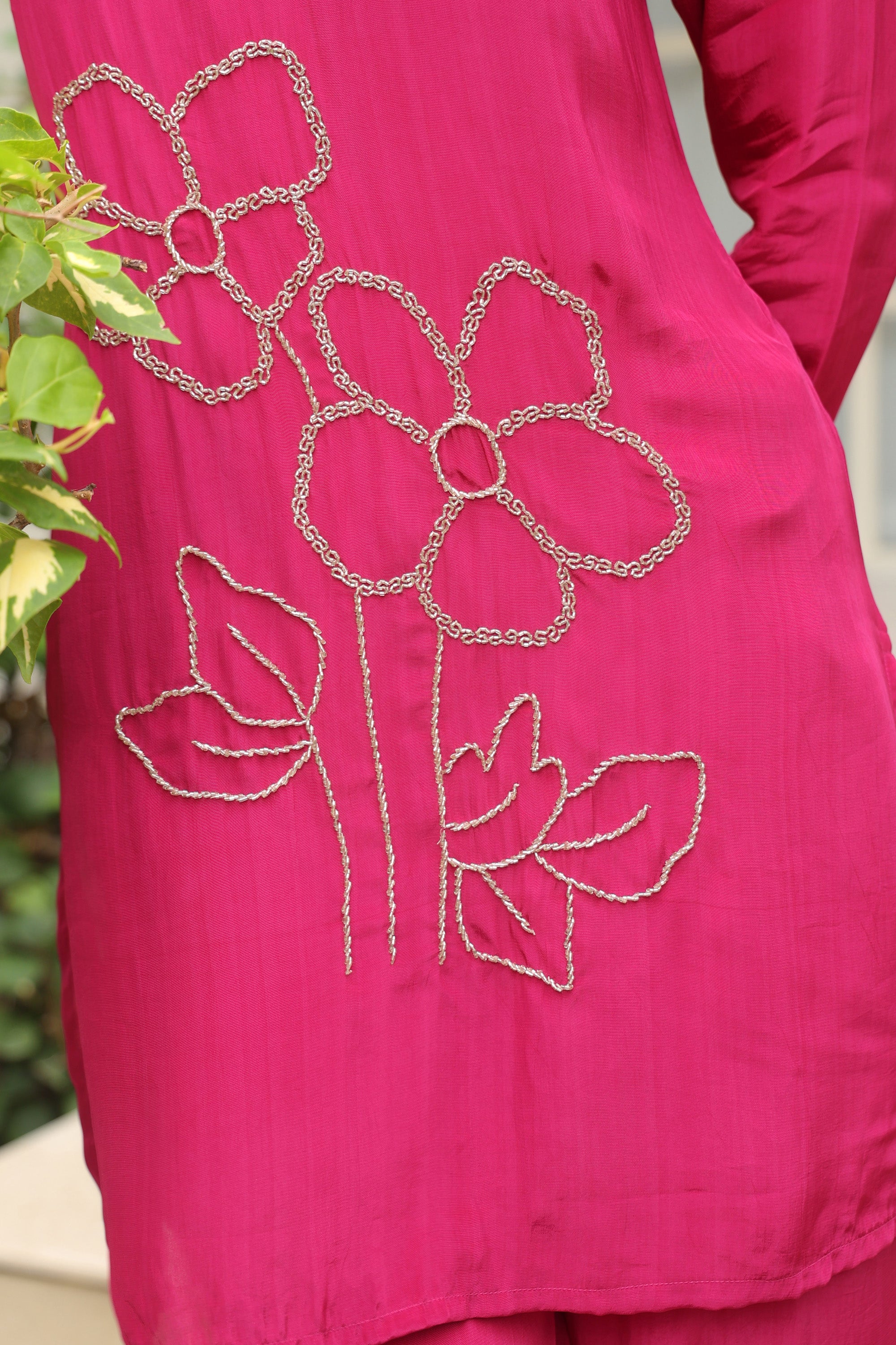 Magenta Blossom Embroidered Natural Crepe Co-ord Set