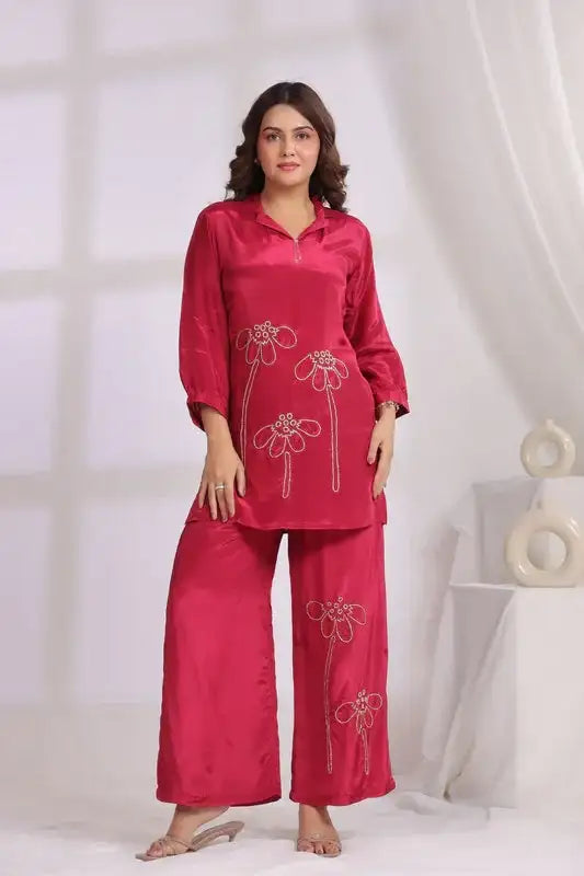 Magenta Hand Embroidered Natural Crepe Co-ord Set