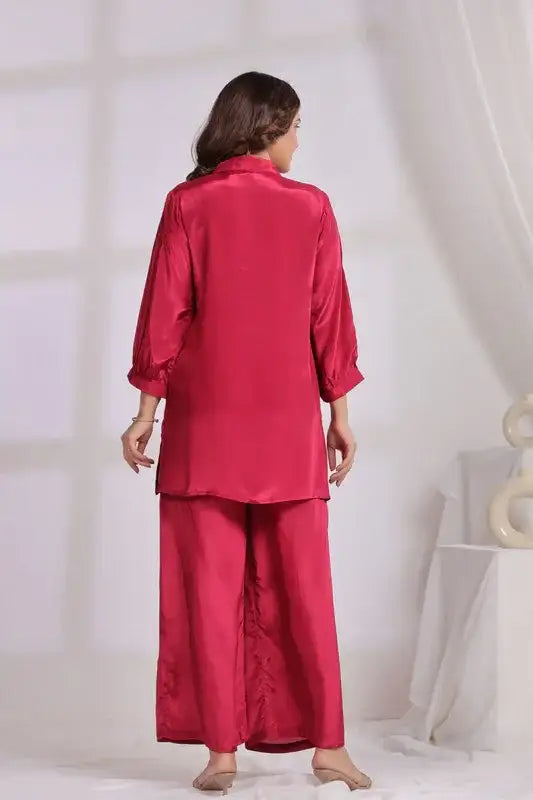 Pink Embroidered Tunic Russian Silk Co-ord Set