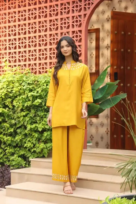 Mustard Yellow Mirror Work Russian Silk Co-ord Set