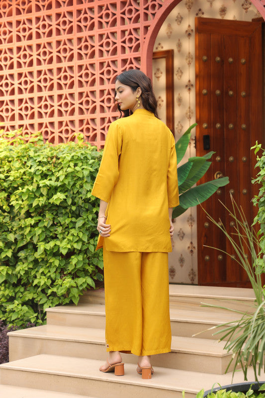 Mustard Yellow Mirror Work Russian Silk Co-ord Set