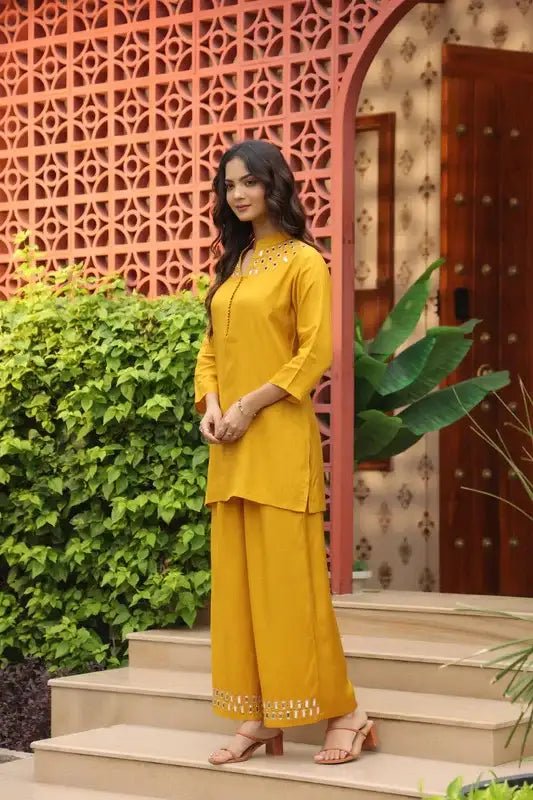 Mustard Yellow Mirror Work Russian Silk Co-ord Set