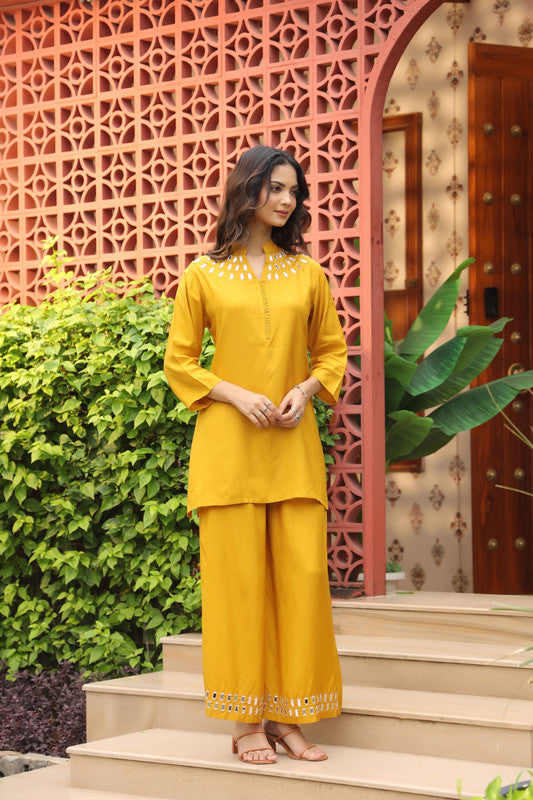 Mustard Yellow Mirror Work Russian Silk Co-ord Set