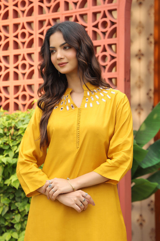 Mustard Yellow Mirror Work Russian Silk Co-ord Set