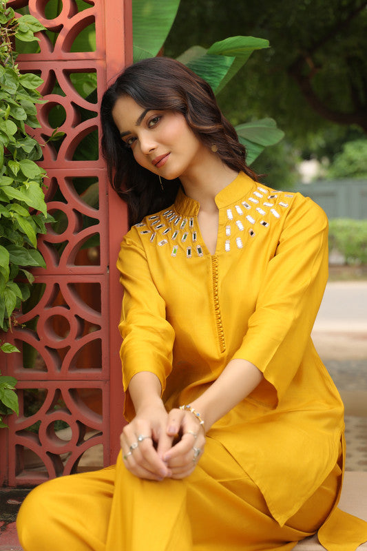 Mustard Yellow Mirror Work Russian Silk Co-ord Set