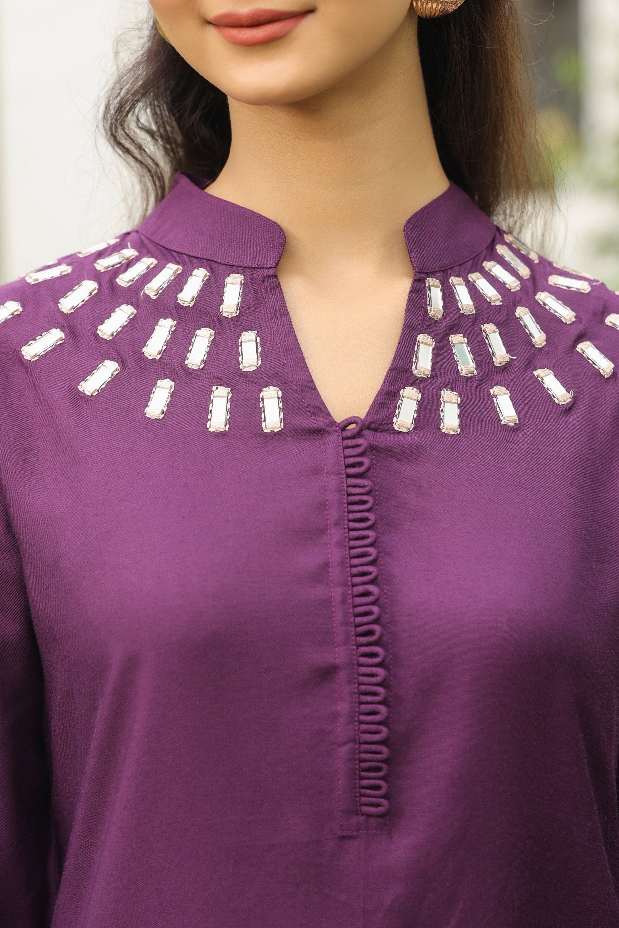 Plum Mirror Hand Work Muslin Silk Co-ord Set