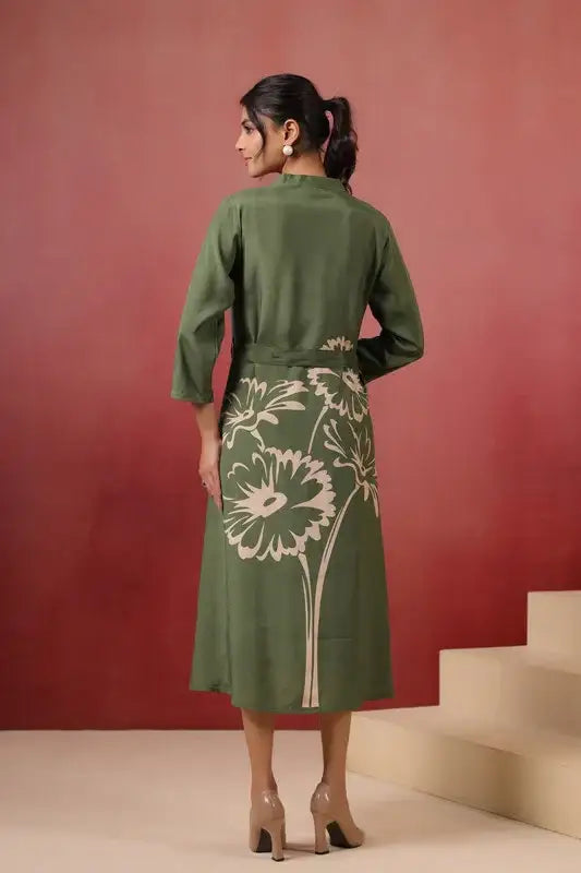 Elegant Green Floral A-Line Midi Russian Silk Dress