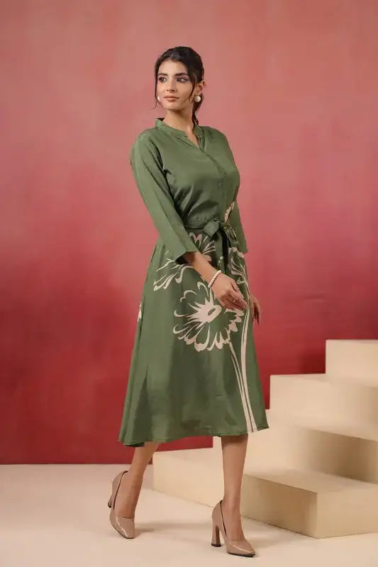 Elegant Green Floral A-Line Midi Russian Silk Dress