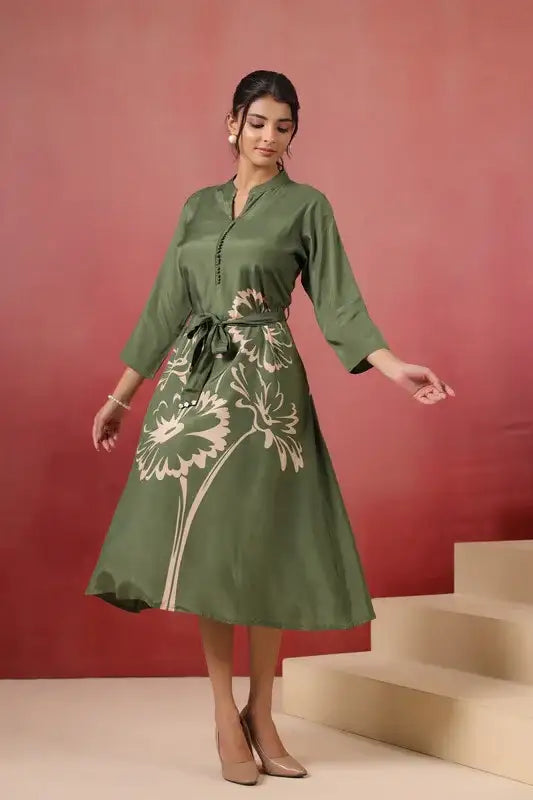 Elegant Green Floral A-Line Midi Russian Silk Dress