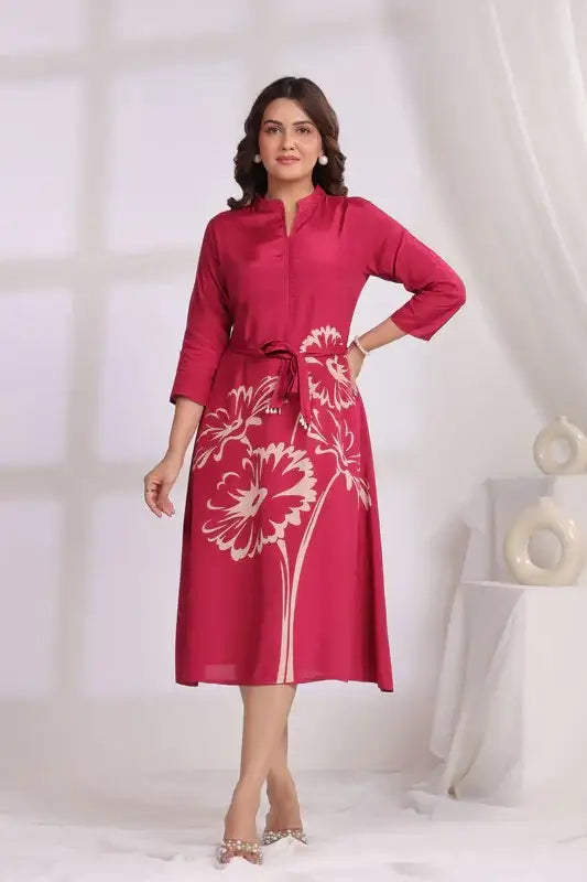 Pink Floral Russian Silk Midi Dress