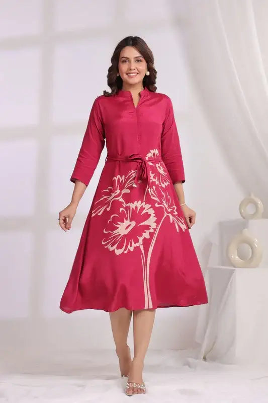 Pink Floral Midi Dress Russian Silk with Belted Waist
