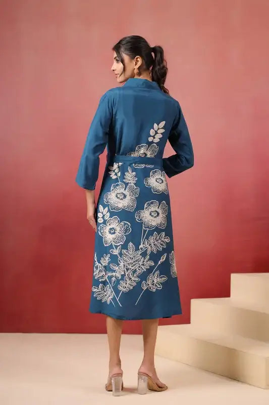 Blue Floral Midi Russian Silk Dress with Tie-Up Belt