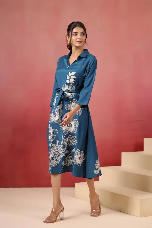 Blue Floral Midi Russian Silk Dress with Tie-Up Belt