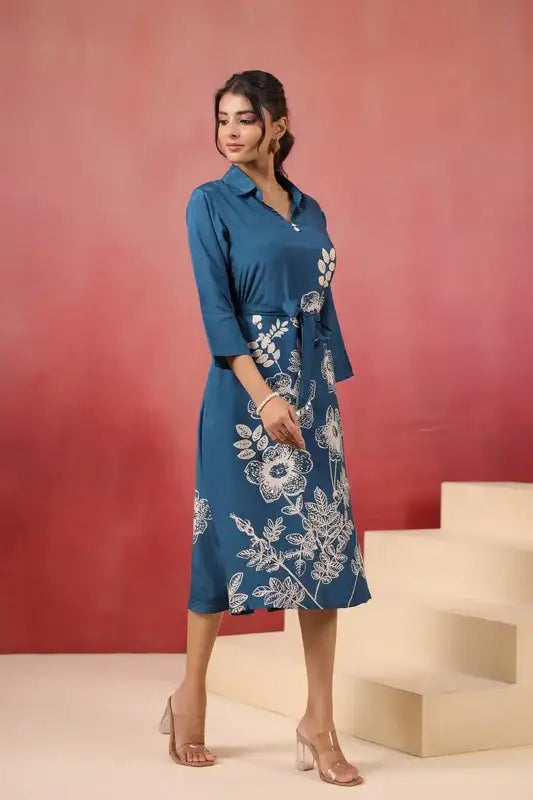 Blue Floral Midi Russian Silk Dress with Tie-Up Belt